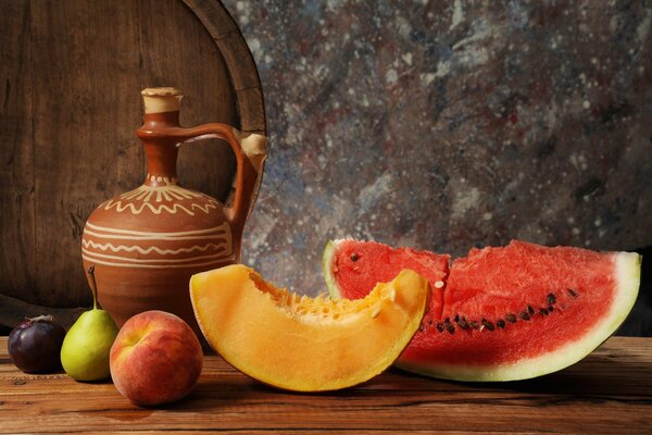 Still life with ripe and juicy fruits