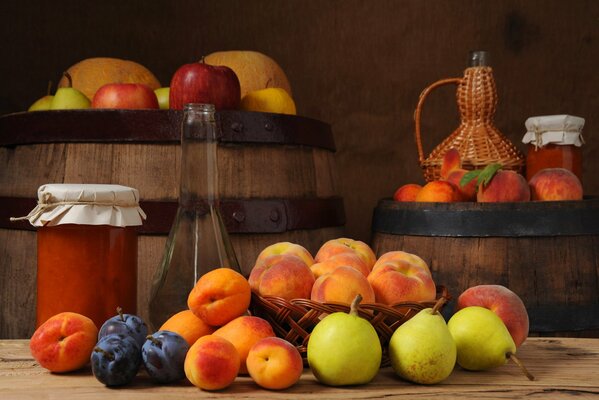 Sweet pears and peaches near the barrel