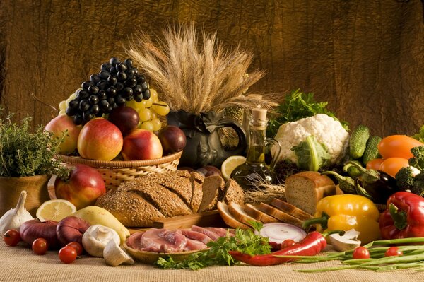 Beautiful basket with fruit and bread