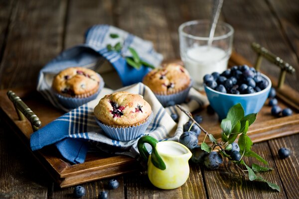 Stillleben mit Muffins, Blaubeeren, Milch auf einem Tablett