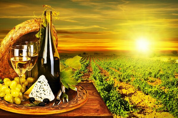 Wallpaper with the image of wine cheese grapes in nature