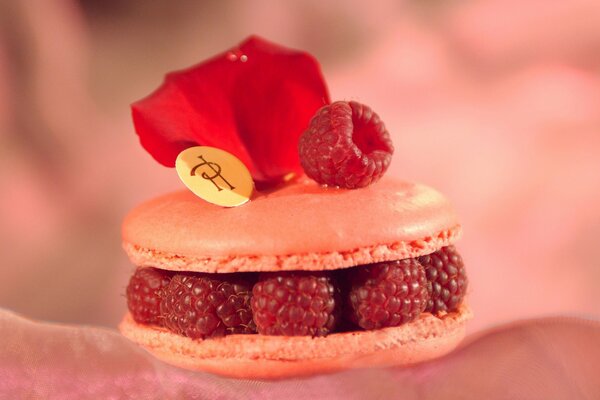 Gâteau rose avec une couche de framboises entières