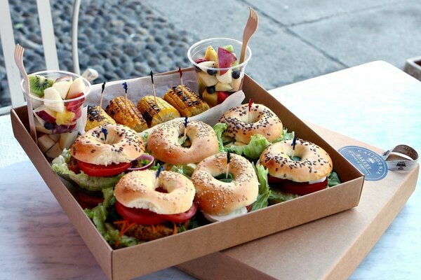 Delicious food hamburger and fruit