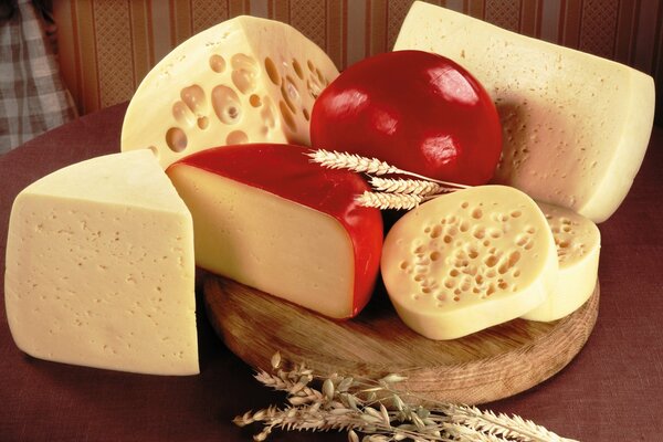 Cheeses of various varieties in the section