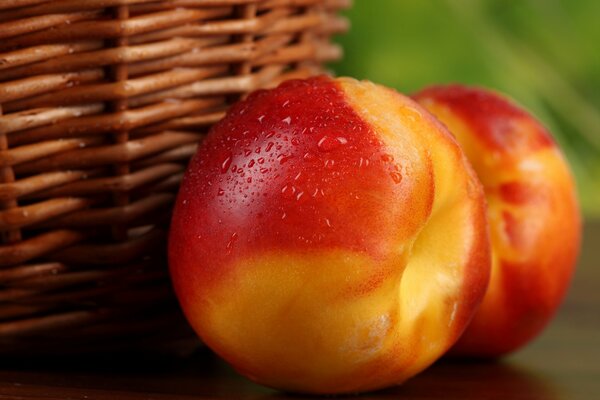 Two delicious nectarines in drops