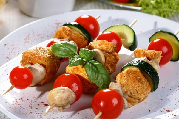 Kebab of meat, tomatoes, zucchini and a sprig of mint on a white plate