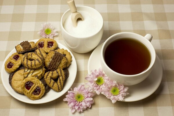 Par de té con azúcar y galletas