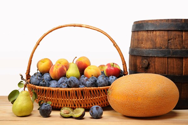 Fruit in a basket with a melon and a barrel