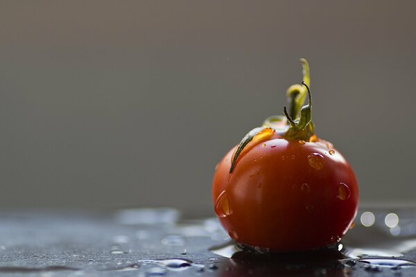 Tomate Cherry pequeño en gotas de agua