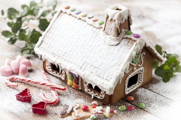 Lebkuchenhaus mit Karamell, Neujahrsfoto