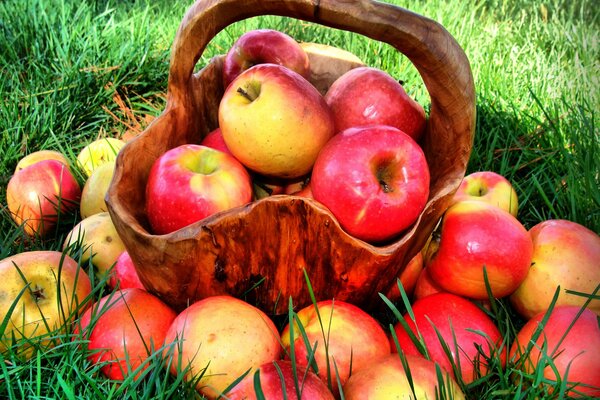 Pommes en vrac dans un panier en bois