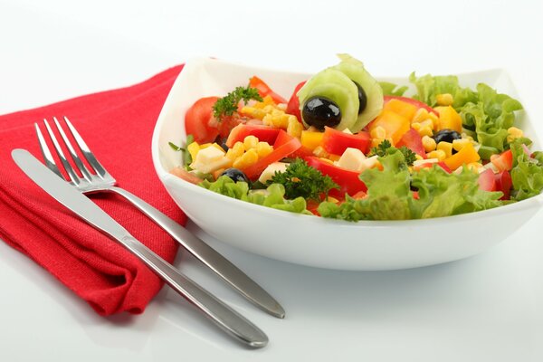 Assiette avec salade de légumes frais. Couverts sur une serviette