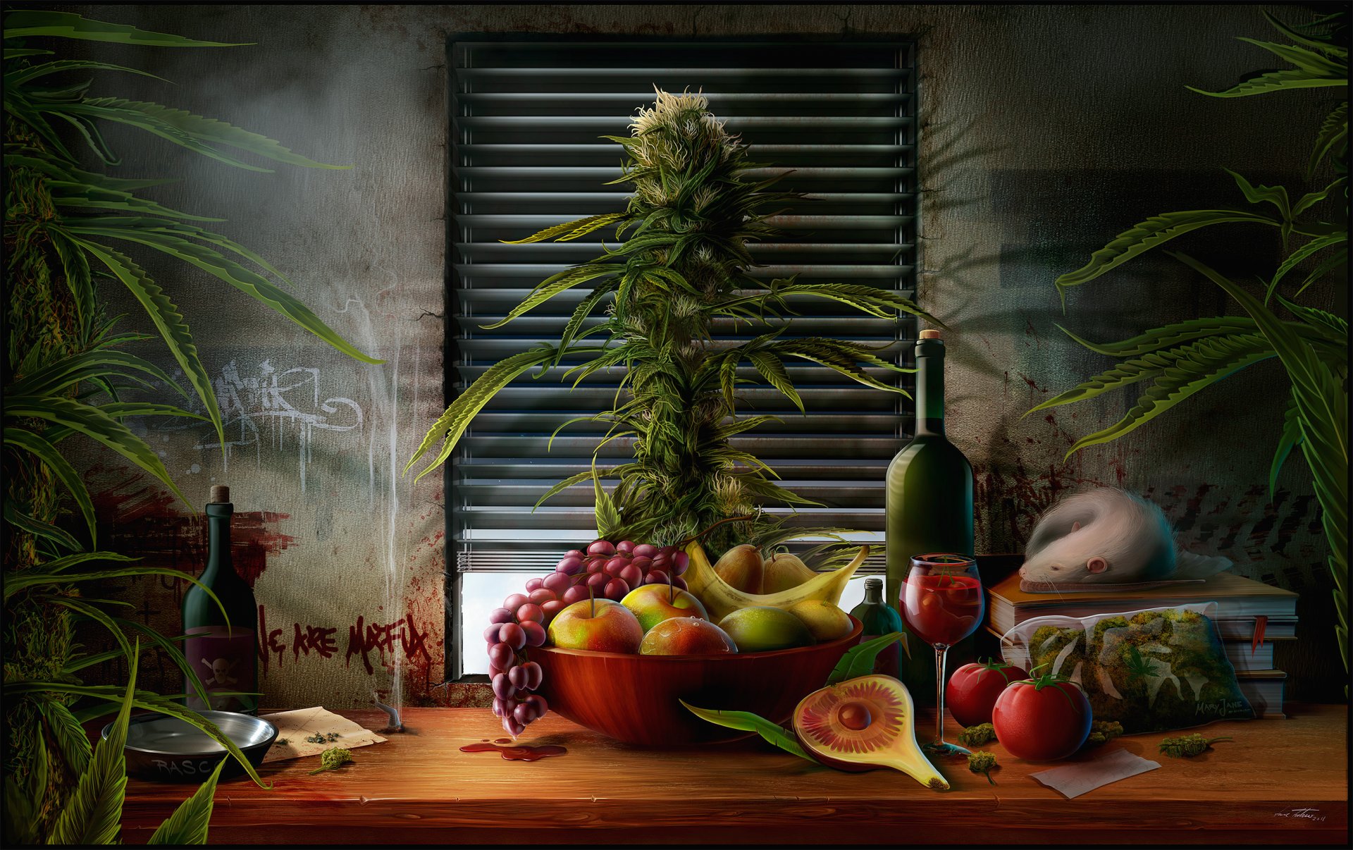 tavolo natura morta piatto mele banana uva pere vino bottiglia erba cespuglio libri finestra persiane pacchetto ratto