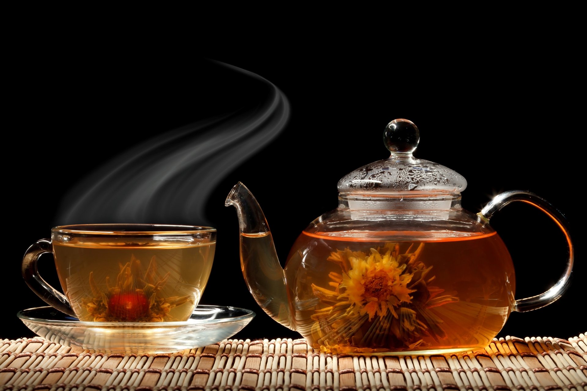 tea kettle cup saucer flower black background