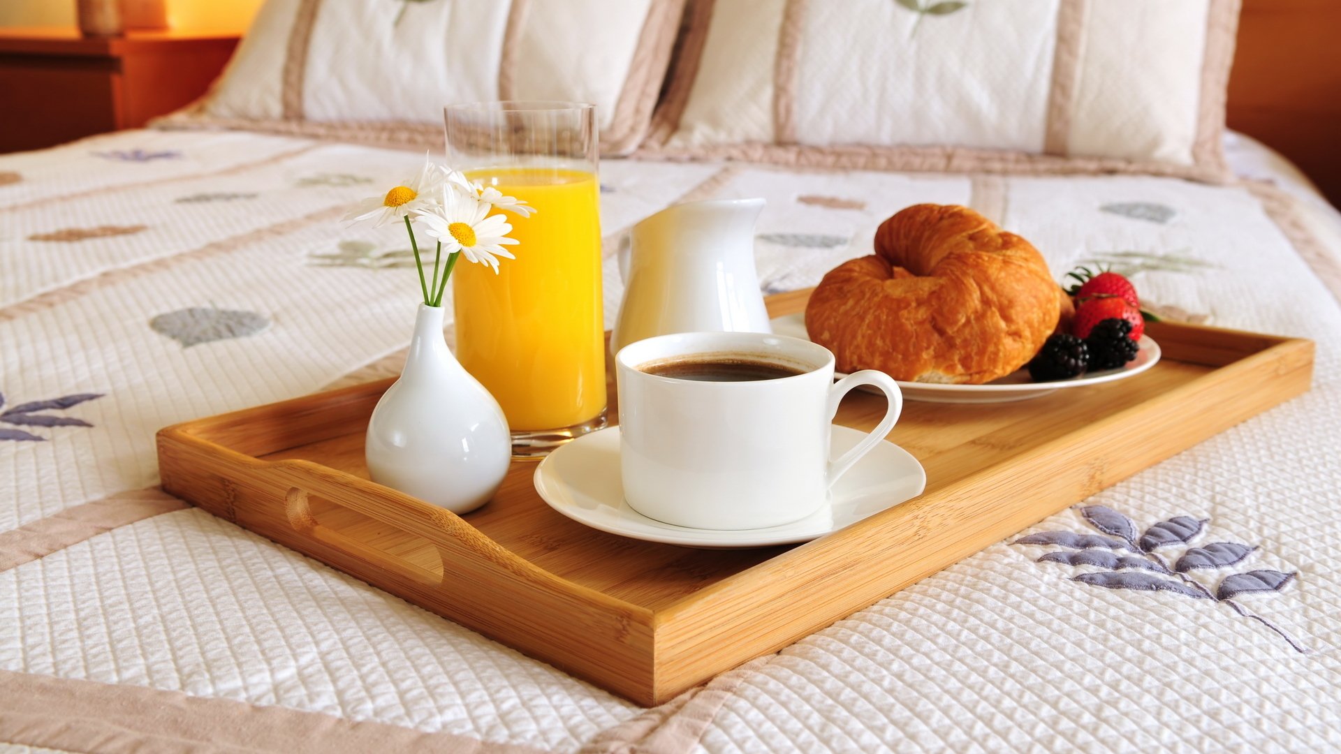 repas petit déjeuner lit café jus d orange bagel croissant baies mûres fraises assiettes verre tasse vase fleurs marguerites plateau oreillers nourriture lit blackberry plaques verre couleur