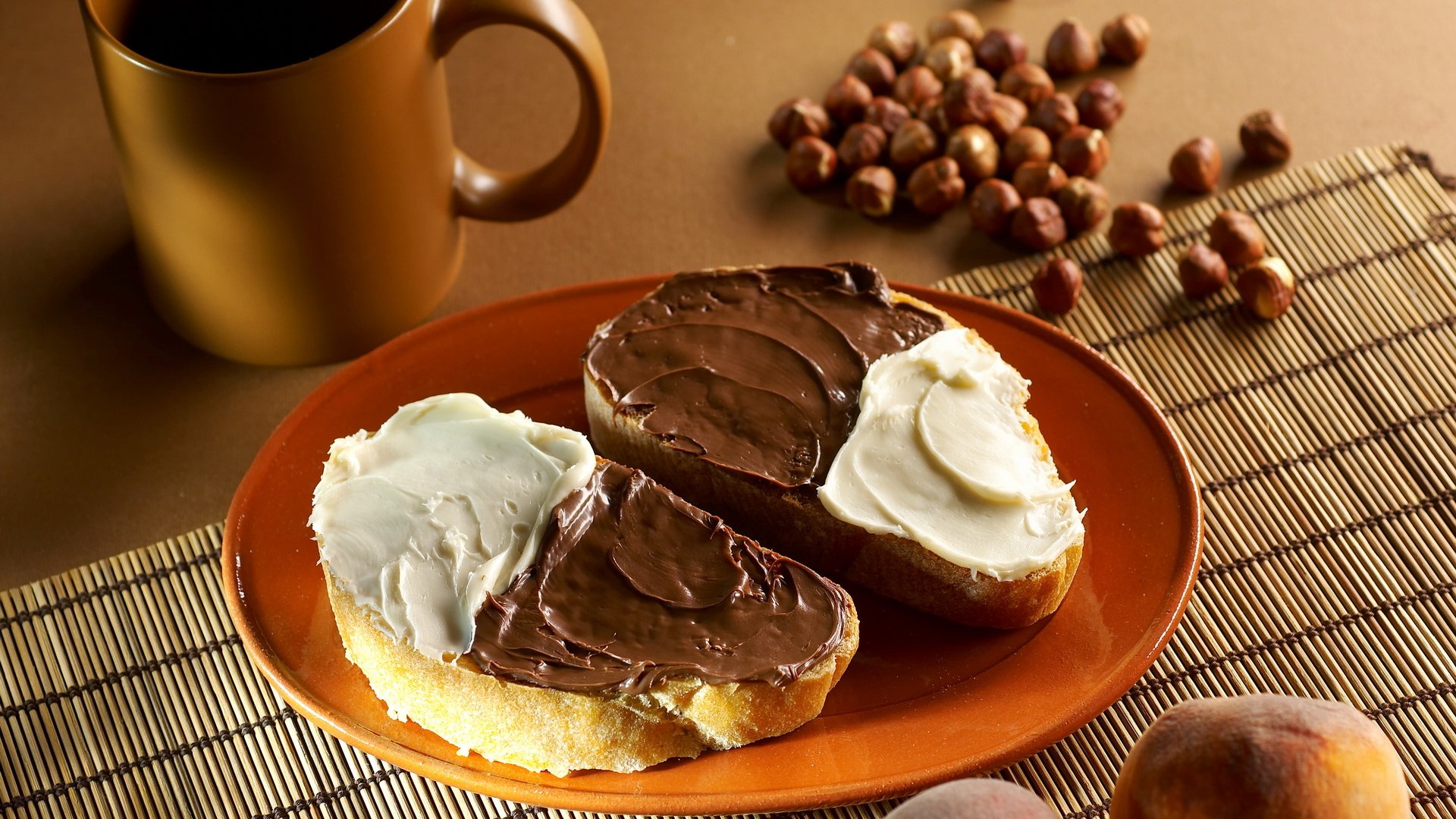 cibo pane crema di cioccolato piatto noci tazza di cibo piatto noci 1920x1080
