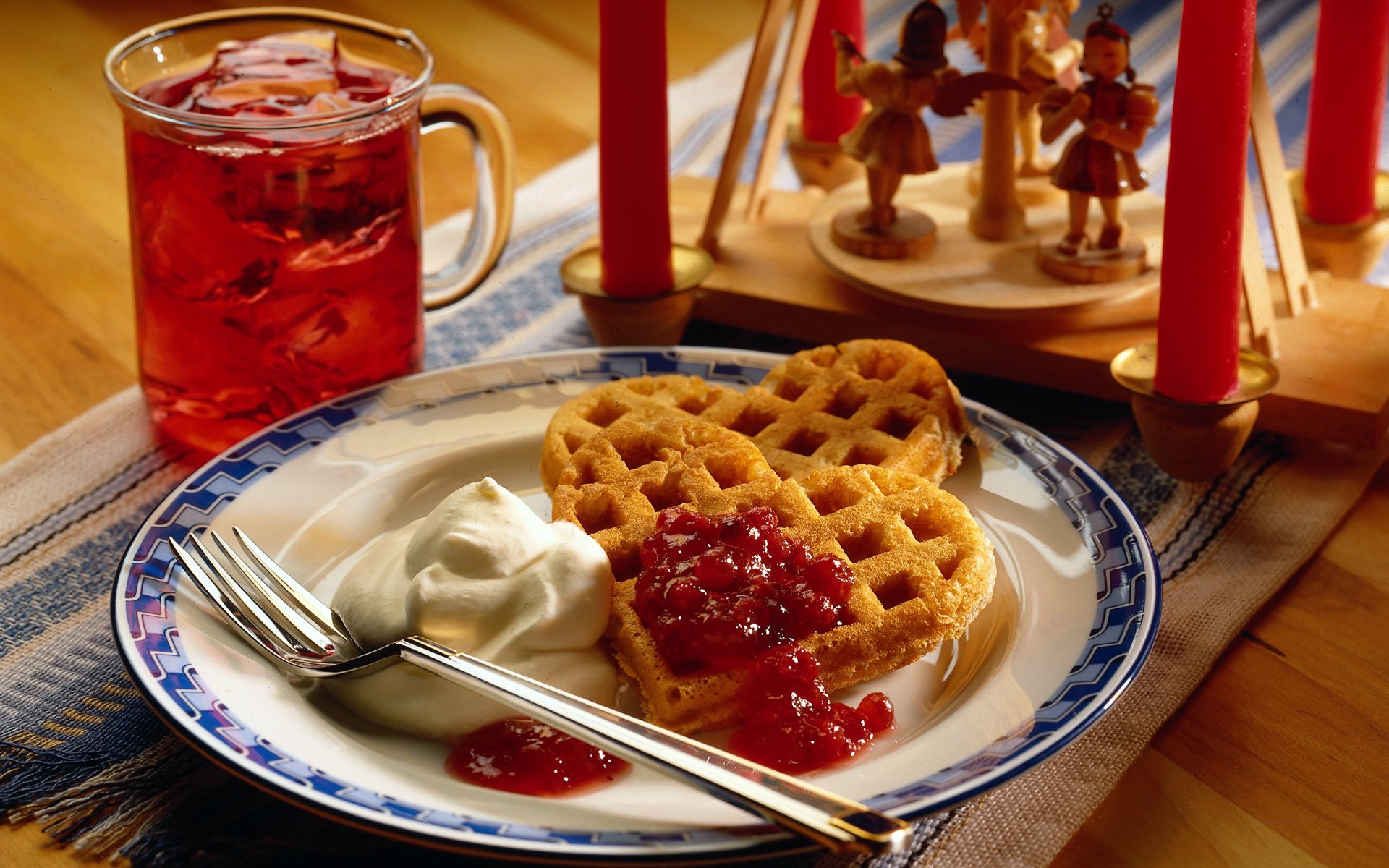 food sweets cookies waffles heart heart cream jam tea drink fork plate table