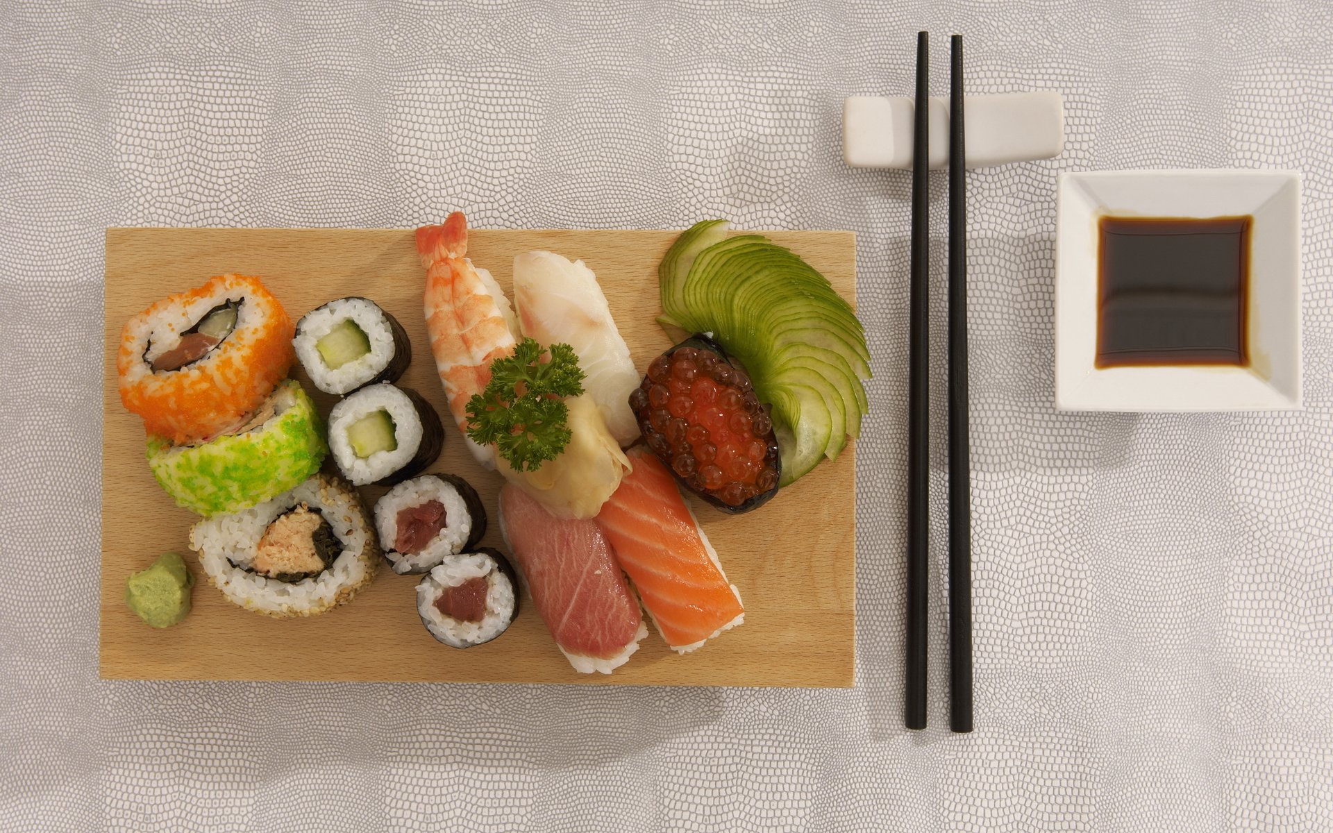 food food sushi rolls seafood red caviar delicious japanese cuisine chopsticks soy sauce