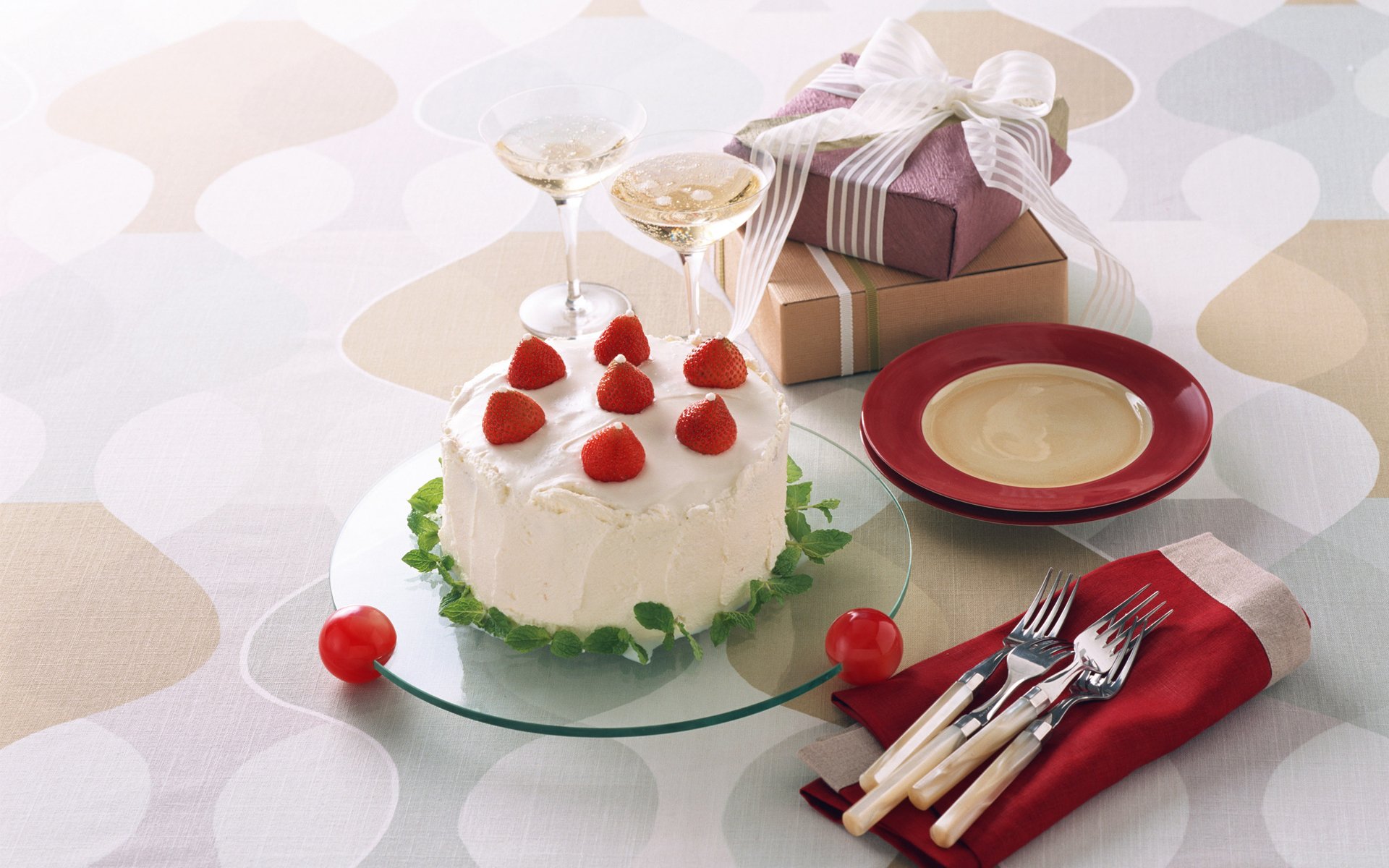 kuchen kuchen erdbeeren gabeln geschenk gläser band 1920x1200