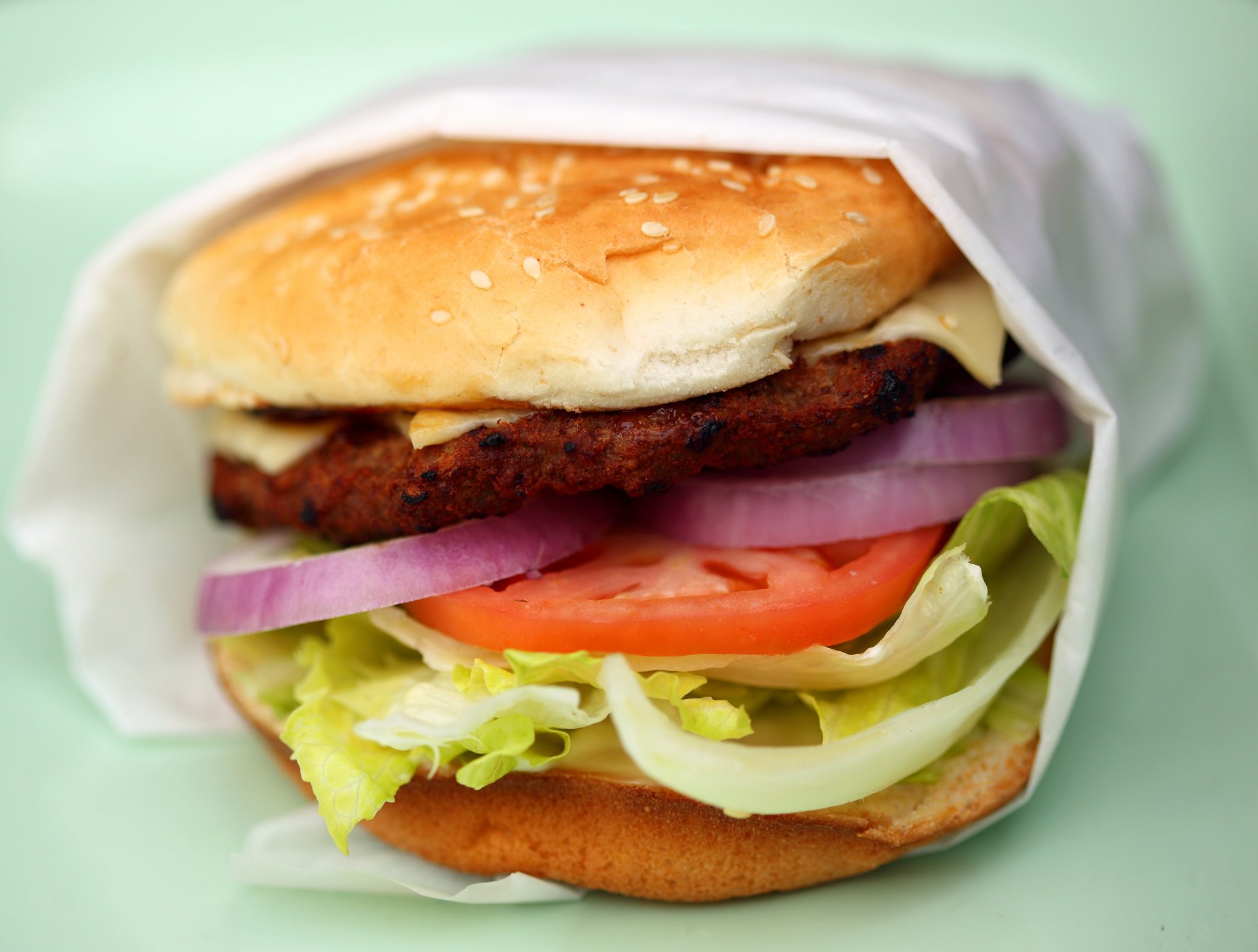 gros plan cheeseburger tomate escalope fromage oignon chou pain yum