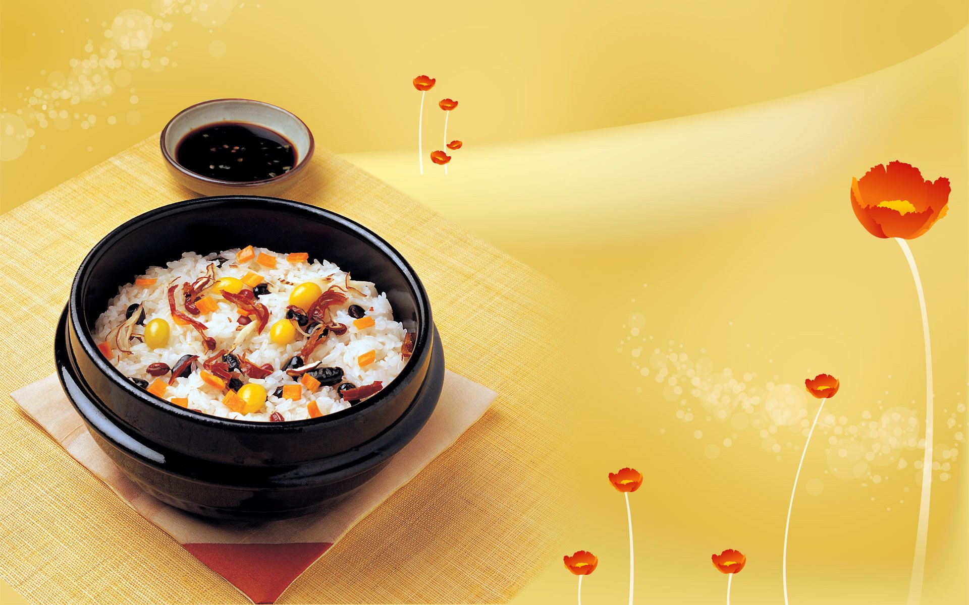 cibo uova tazza secondo carota cipolla olive salsa di soia cina giappone stile fiori sfondo giallo