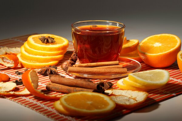 Чашка чая с корицей и апельсинами