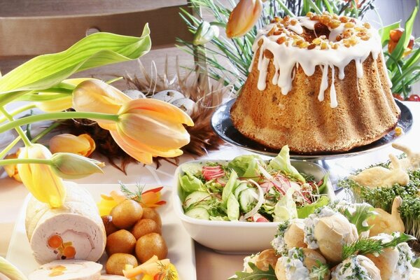 Easter cake, tulips and lean products