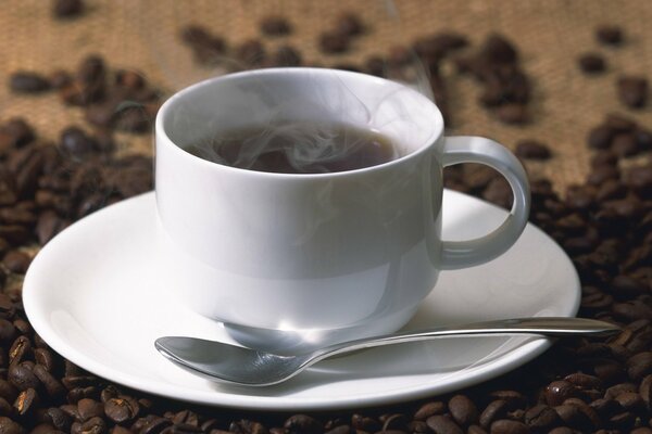 A cup of coffee on coffee beans