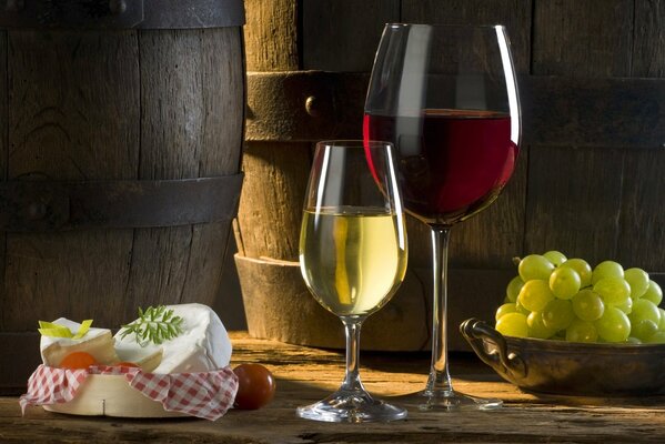A glass of red and white wine