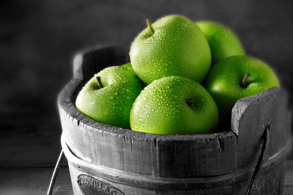 Green apples with transparent drops on a black background