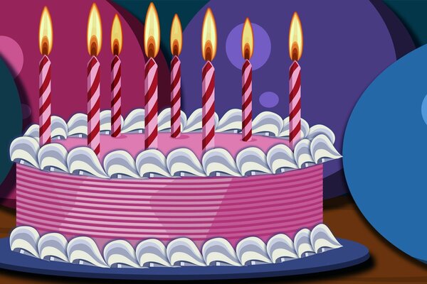 Pink cream cake with eight candles