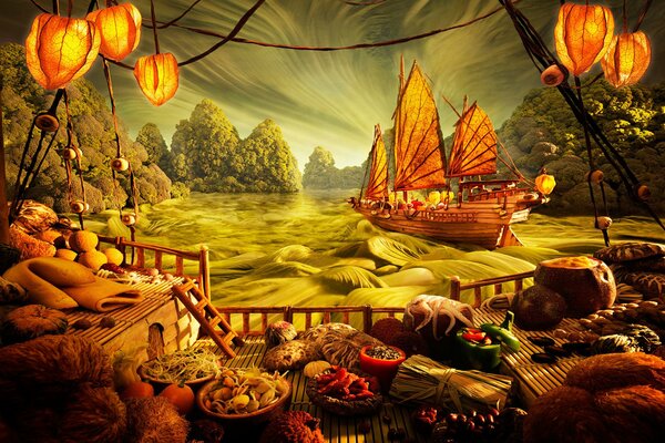 Japanese food against the backdrop of the seascape