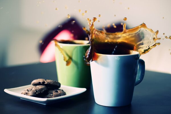Mugs with tea, chocolate cookies
