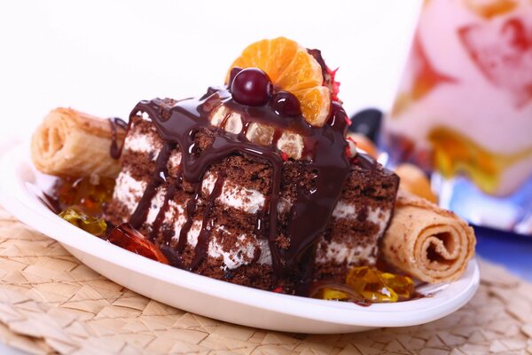 Chocolate cake with a slice of orange