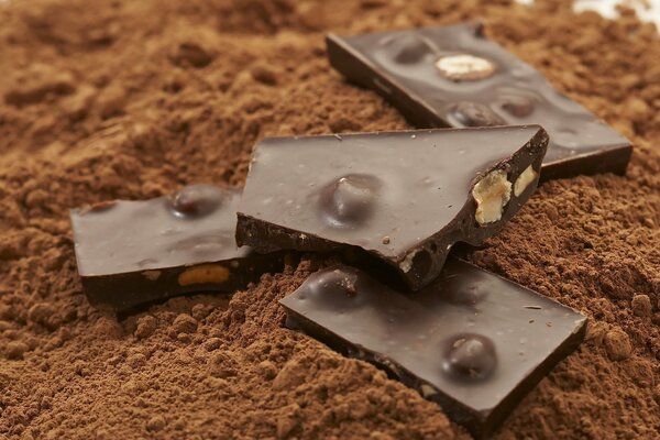 Foto di pezzi di cioccolato con noci su sfondo di cacao