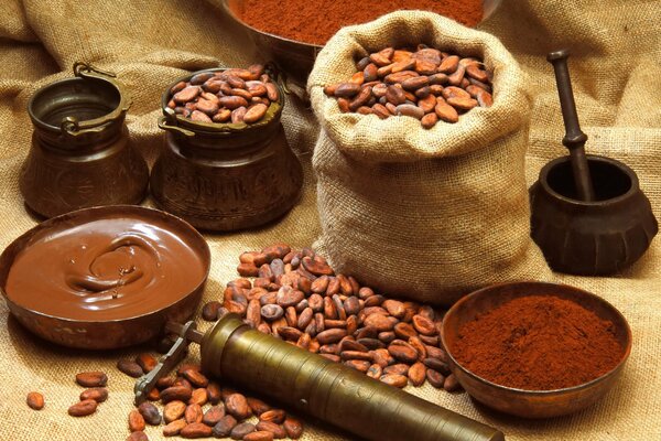 A bag of cocoa beans and ready-made chocolate