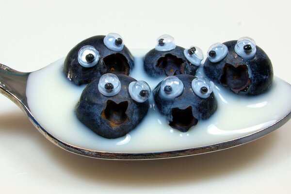 Bleuets dans une cuillerée de crème