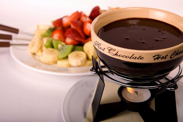 Hot chocolate and fruit salad