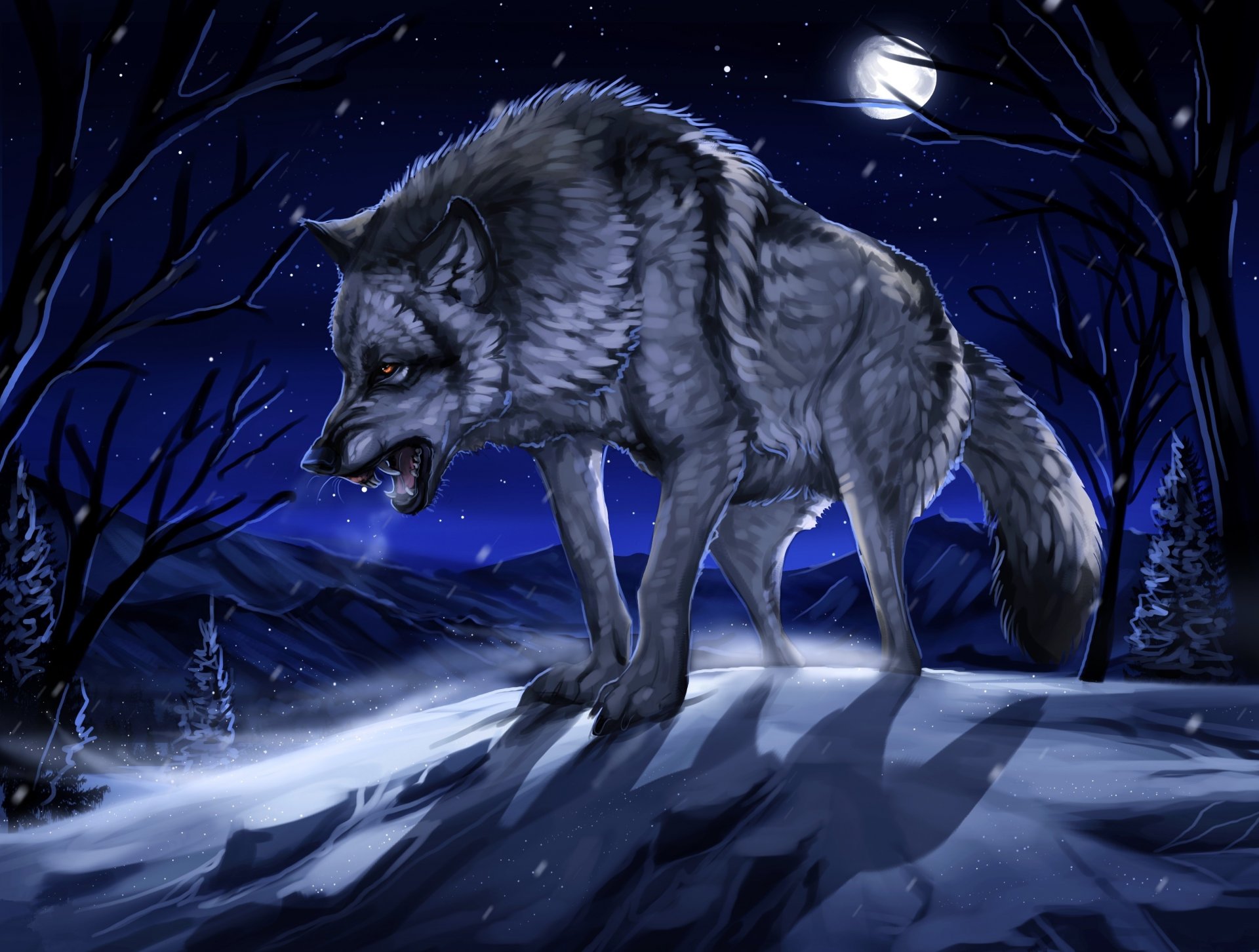 noche bosque nieve invierno luna lobo sonrisa arte dibujo