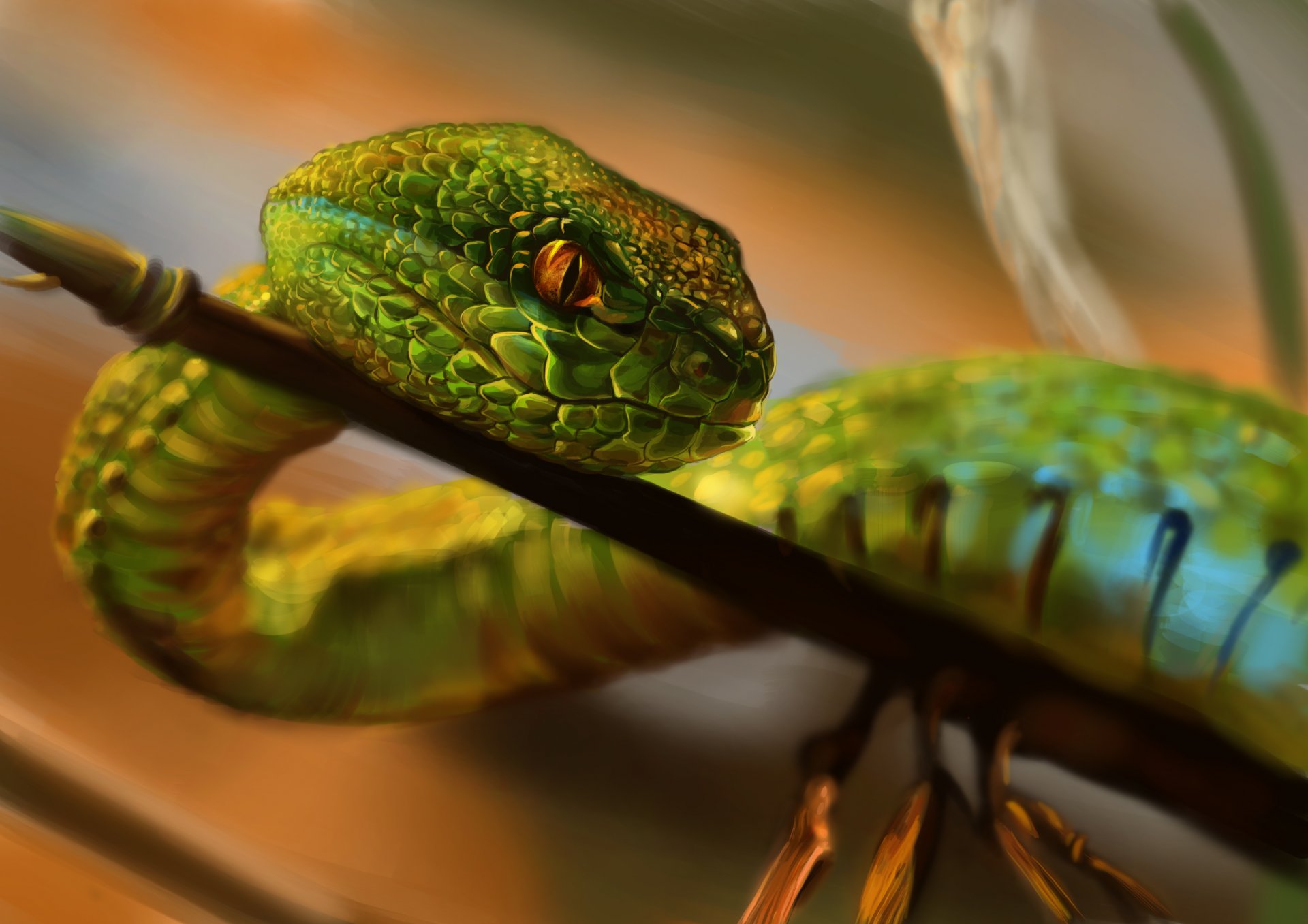 serpent vert rampant branche vue écailles nature