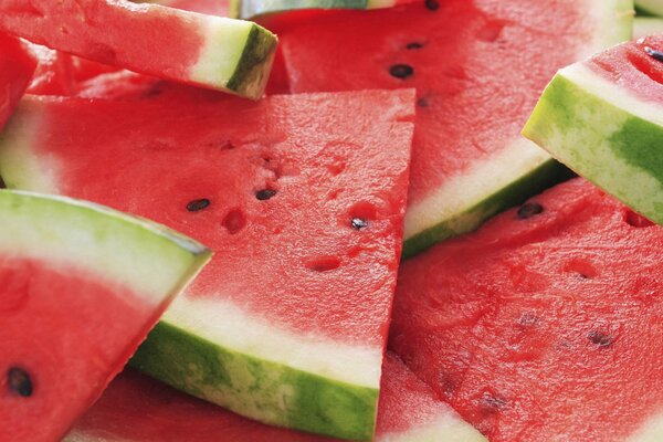 Lots of pieces of watermelon with bones