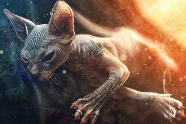 A sphinx cat with tattoos