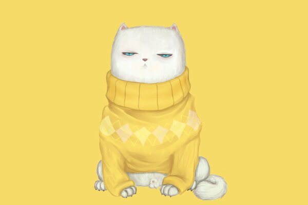 Un gato blanco pintado sobre un fondo amarillo, con un suéter amarillo