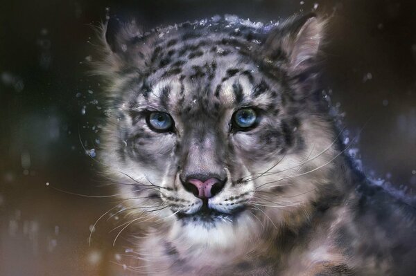 Snow leopard art on a dark background