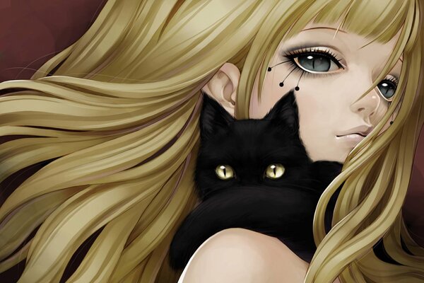 A girl with a black cat on her shoulder