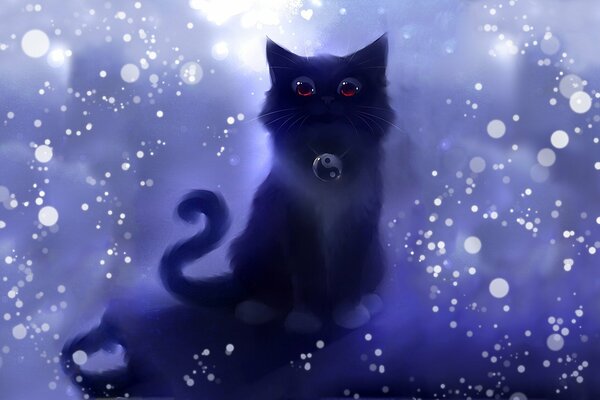 A black kitten with red eyes and a yin-yang amulet on a background of white bubbles in blue tones