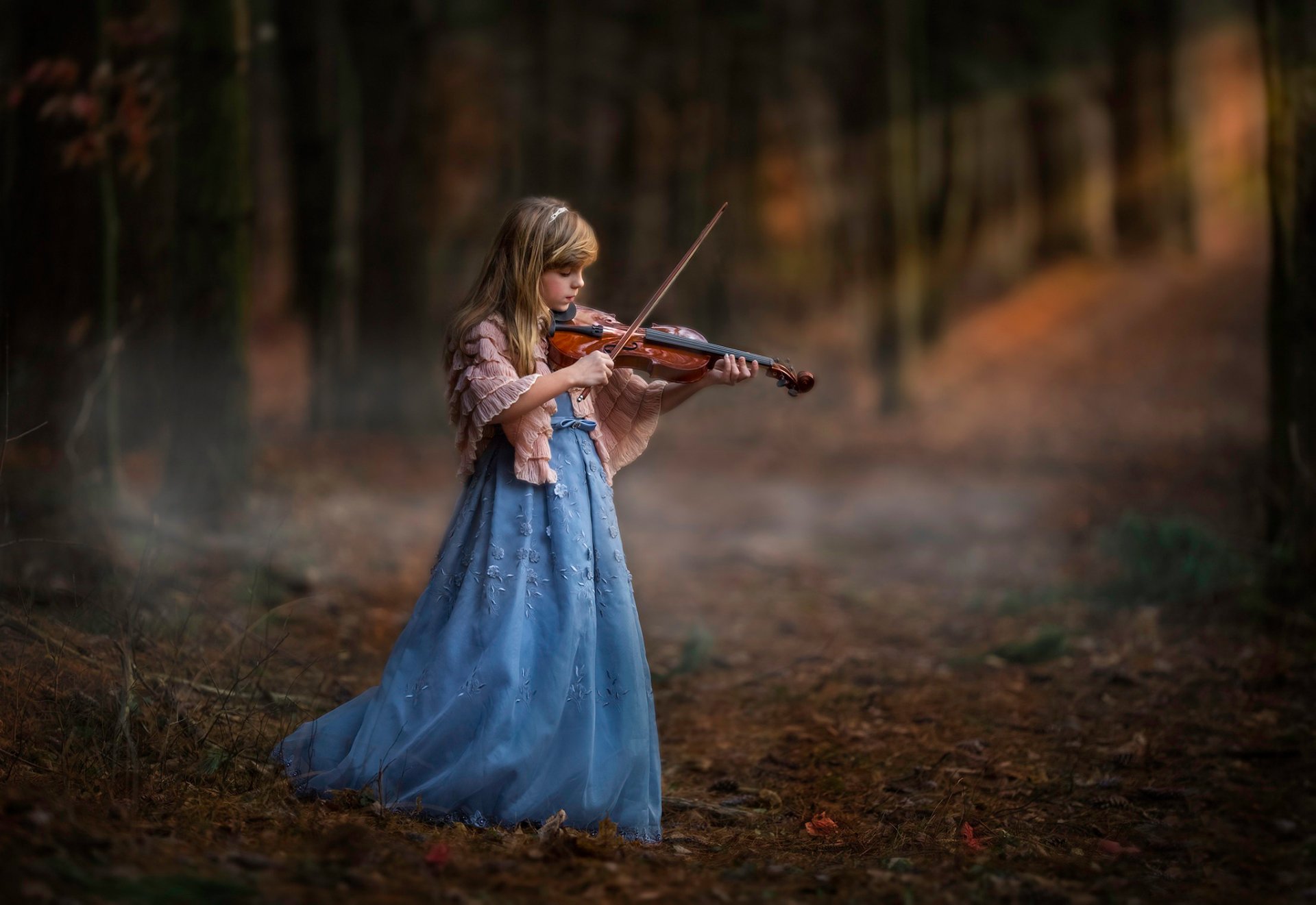 girl violin forest