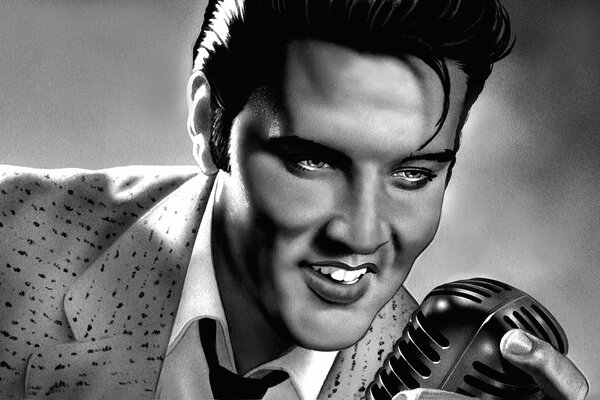 Porträt des Musikers Elvis Presley mit Bleistift-Mikrofon