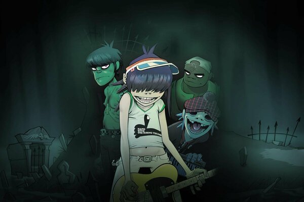 2D cartoon characters Gorillaz in the cemetery