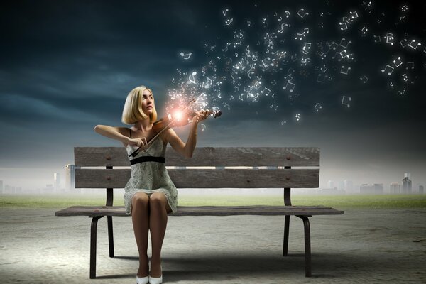 Fille avec violon sur le banc joue